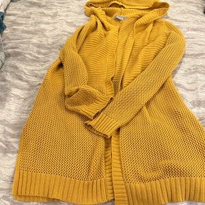 Marled Mustard Yellow Hooded Open-Front Knit Sweater medium